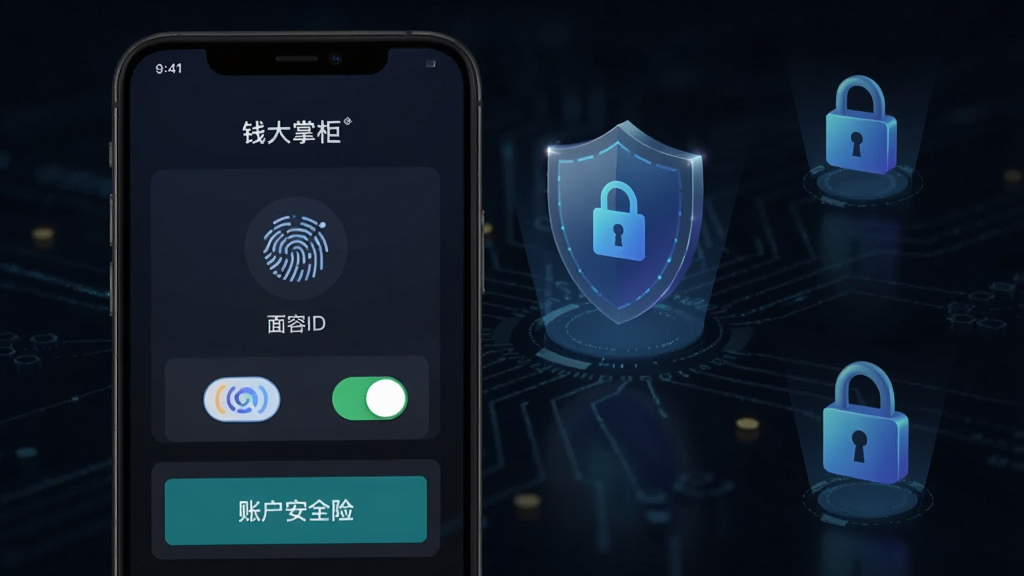 һ��չʾ��Ǯ���ƹ񡱰�ȫ���ý����ͼƬ���������ֻ���Ļ��ʾָ�Ƶ�¼������ID�Ŀ��ذ�ť���Լ��˻���ȫ�յ���ȡ��ڣ������ǰ�ɫ���ĿƼ��з�Χ���ж��ƺ�����ͼ���׺�����ȫ���أ����ʸɾ��޶���Ԫ��