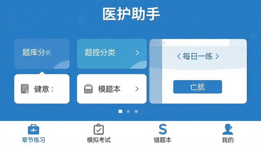 ҽ���������������棬��ɫ�Ͱ�ɫΪ��ɫ����������ʾ��ҽ�����֡��ĸ��֣��м��������࿨Ƭ��ÿ��һ����ڣ��ײ����½���ϰ��ģ�⿼�ԡ����Ȿ���ҵ��ĸ�ѡ�������ɾ����࣬��ƽ����Ʒ�񣬻����������޶���Ԫ��