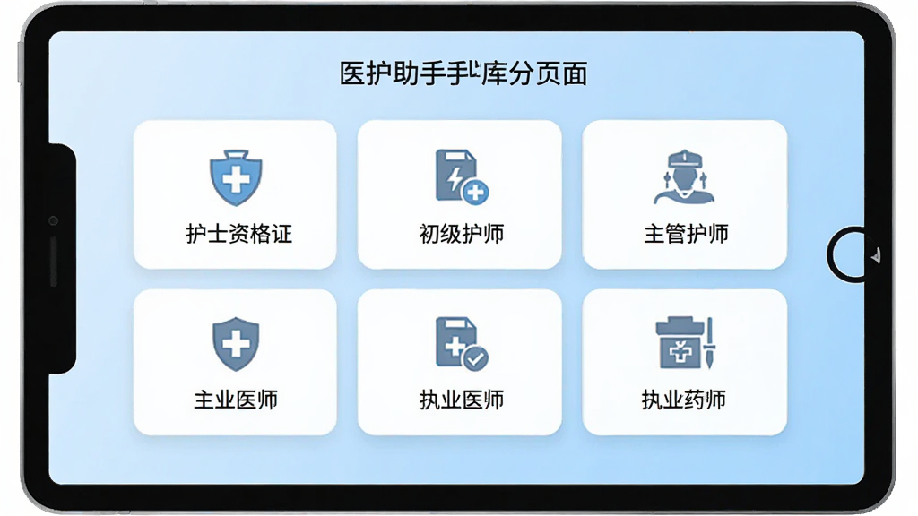 ҽ������������ҳ�棬��Ļ�м������Ż�ʿ�ʸ�֤��������ʦ�����ܻ�ʦ��ִҵҽʦ��ִҵҩʦ�ȿ��Է��࿨Ƭ��ÿ����Ƭ���ж�Ӧ��ͼ������ֱ�ǩ������Ϊǳ��ɫ���䣬�Ű����룬������ִ������ʸɾ��޶���Ԫ��