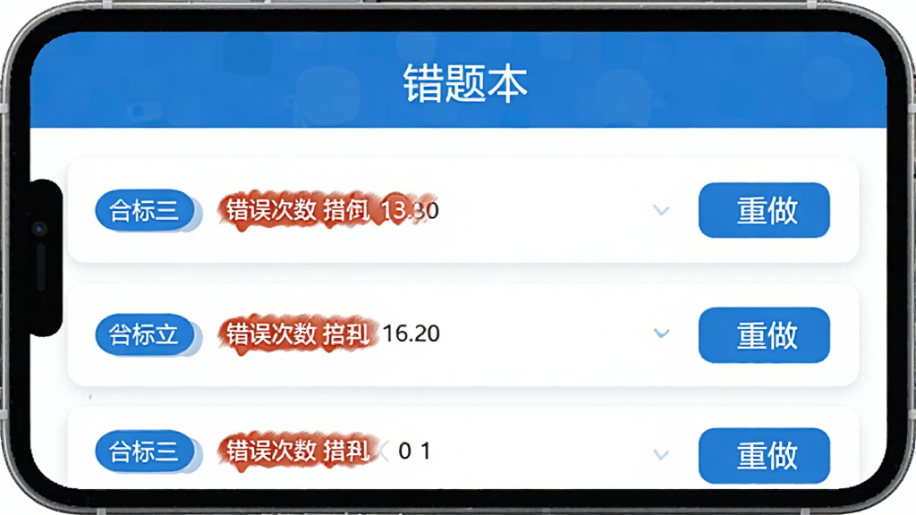 ҽ�����ִ��Ȿҳ�棬��Ļ�Ϸ���ʾ�����Ȿ�����⣬�·��б�չʾ��������¼��ÿ������п�Ŀ��ǩ�ʹ��������ǣ��Ҳ���������ť��������ɫΪ������䣬�Ű���ˬ������Լ�����������޶���Ԫ��