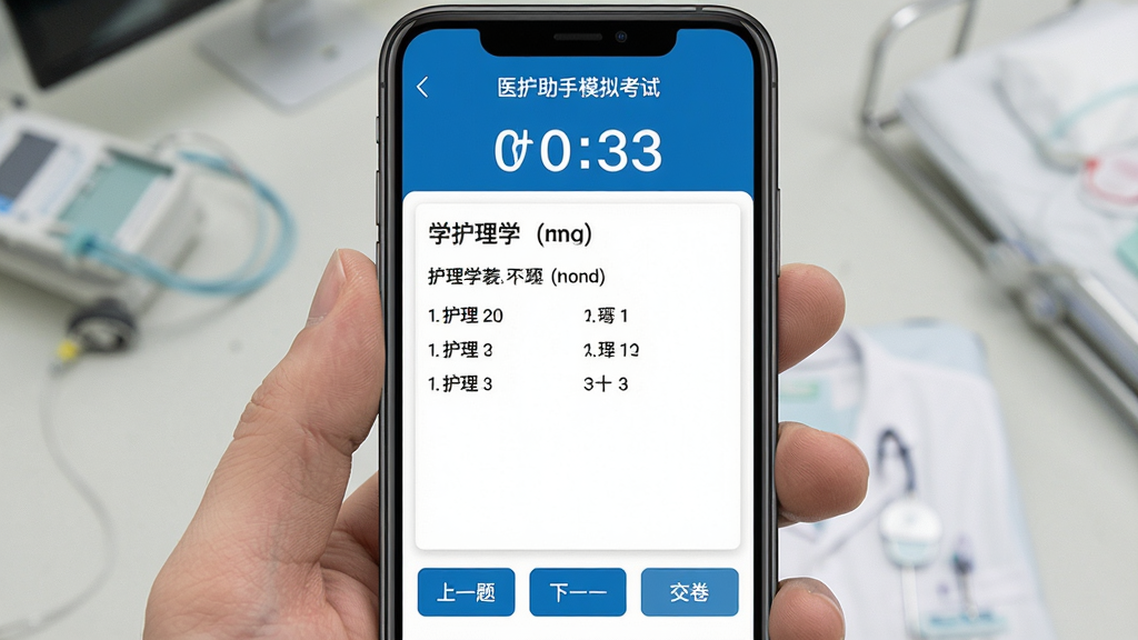 ҽ������ģ�⿼�Խ��棬�ֻ���Ļ��ʾ���Ե���ʱ�ʹ��⿨����Ŀ����չʾһ������ѧѡ���⣬�ײ�����һ�⡢��һ��ͽ�����ť����������ɫ�Ͱ�ɫΪ�����������������ֱ�ǩ��ȷ�����ʸɾ��޶���Ԫ��