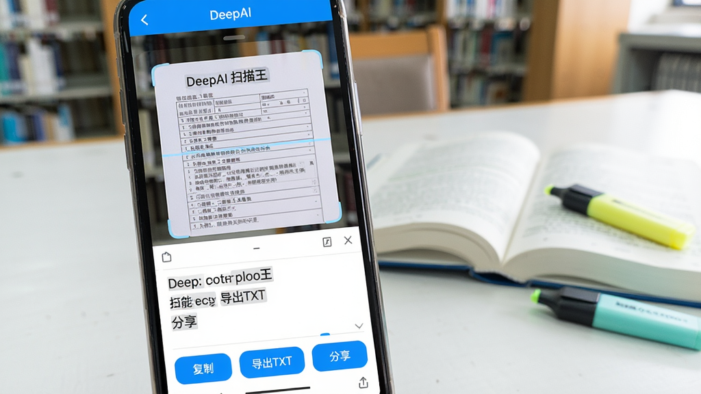 DeepAI扫描王文字提取功能界面展示,手机屏幕显示一张纸质表格被扫描后,表格中的文字被识别并呈现在下方编辑框中,屏幕上有“复制”“导出TXT”“分享”三个按钮,背景是图书馆书桌,旁边放着一本翻开的书和一支荧光笔,整体风格清新明亮,蓝白配色,画质干净,无多余元素