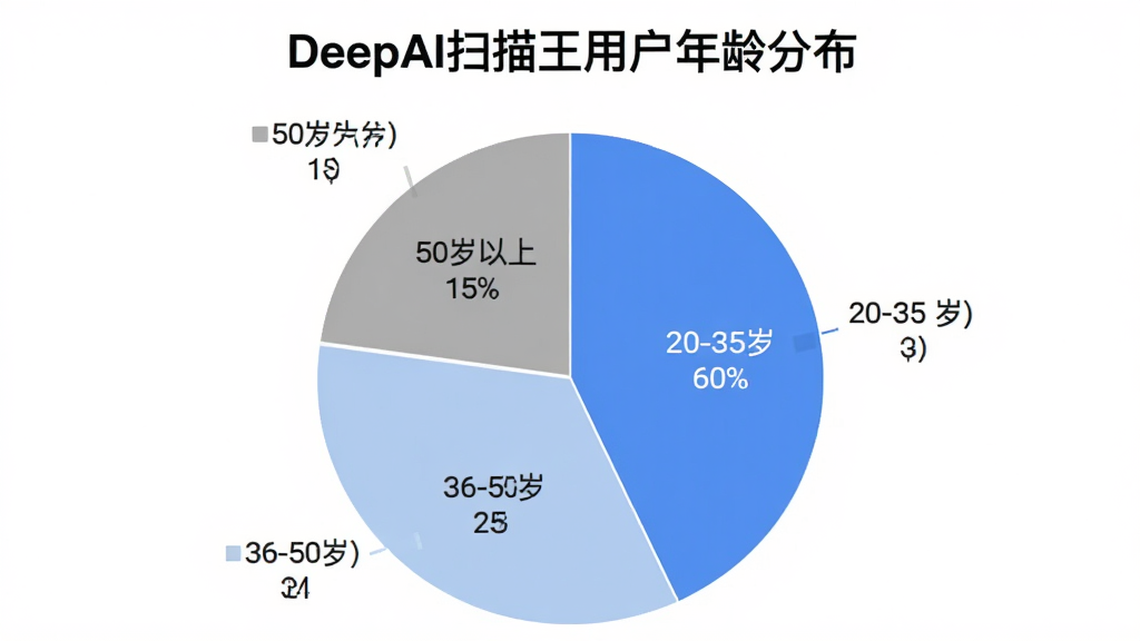 DeepAI扫描王用户年龄分布饼状图,图表标题为“DeepAI扫描王用户年龄分布”,饼图分为三个扇区,20-35岁占60%用蓝色标注,36-50岁占25%用浅蓝色标注,50岁以上占15%用灰色标注,图表风格简洁现代,背景白色,数据标签清晰,画质干净,无多余元素