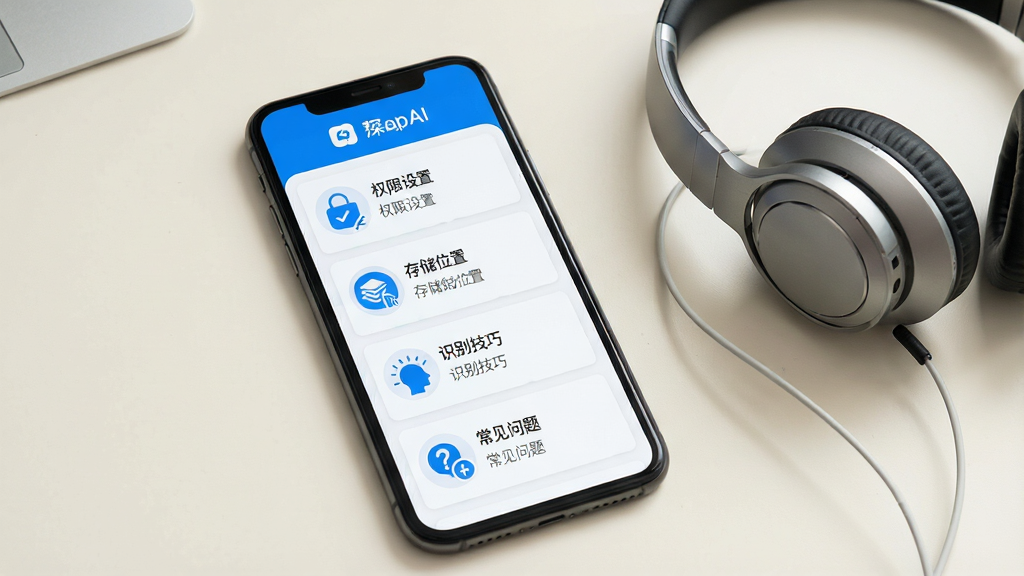 DeepAI扫描王新手操作指引界面展示,手机屏幕显示App内的帮助页面,包含“权限设置”“存储位置”“识别技巧”“常见问题”四个板块,每个板块有图标和简短说明文字,背景是简洁的浅色桌面,旁边放着一部手机和一副耳机,整体风格清晰易读,蓝白配色,画质干净,无多余元素