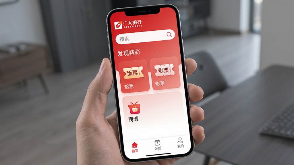 手机屏幕展示“发现精彩”App主界面,顶部是广发银行logo和搜索框,中间卡片式布局展示“饭票”“影票”“商城”入口,底部导航栏有首页、分期、我的三个图标,整体配色为红白渐变,界面干净整洁,无多余元素,高清画质