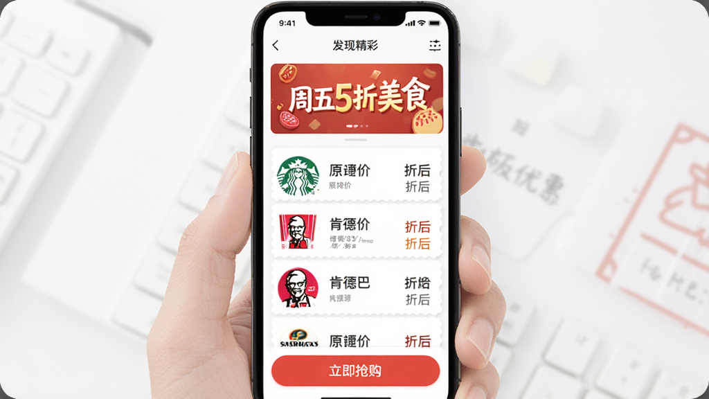 手机界面展示“发现精彩”App的饭票购买页面,顶部横幅写着“周五5折美食”,下方列表展示星巴克、肯德基等品牌优惠券,每张券旁边标注原价和折后价,底部有“立即抢购”红色按钮,背景干净明亮,风格现代扁平