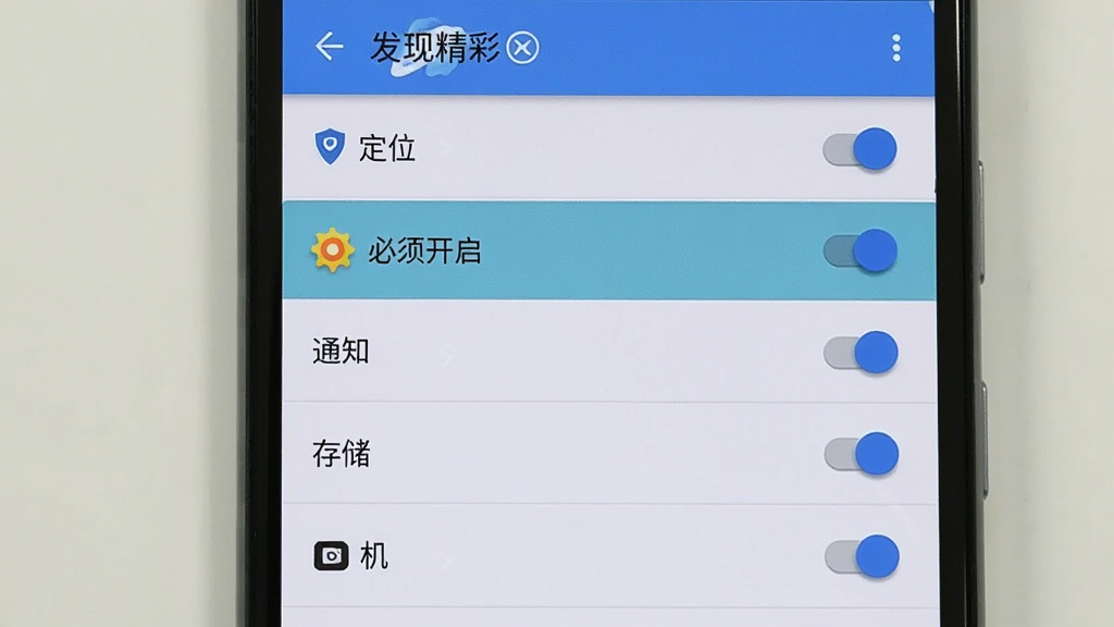 手机屏幕展示“发现精彩”App的权限设置界面,列表中有定位、通知、存储、相机等权限开关,其中定位权限被高亮标注为“必须开启”,界面风格为安卓原生设置风格,干净清晰