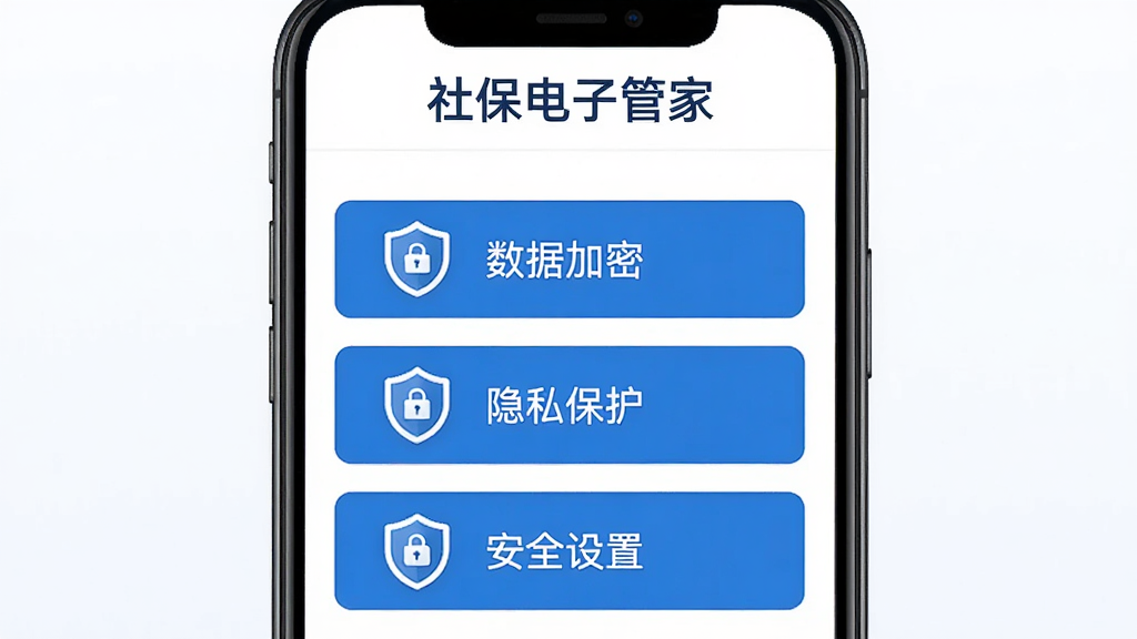 社保电子管家应用内隐私安全设置页面,页面顶部显示“社保电子管家”字样,中间展示数据加密、隐私保护、安全设置等选项,配有盾牌图标,蓝白配色,界面简洁,画质高清,无多余元素