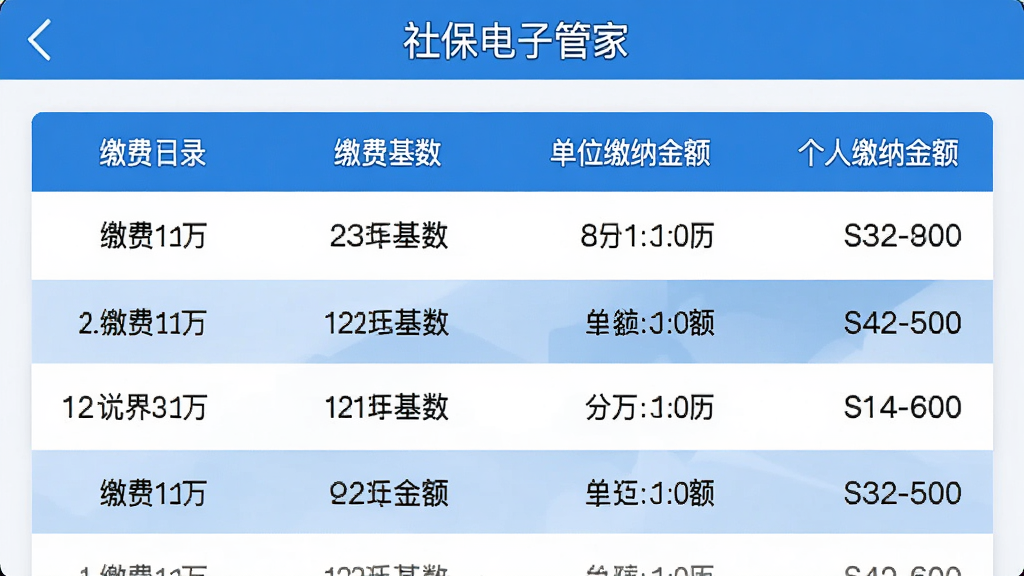 社保电子管家应用内社保缴费明细页面截图,页面顶部有“社保电子管家”字样,中间用列表形式展示每个月的缴费记录,包含缴费月份、缴费基数、单位缴纳金额、个人缴纳金额等字段,列表清晰整齐,蓝白配色,界面简洁,画质高清,无多余装饰元素