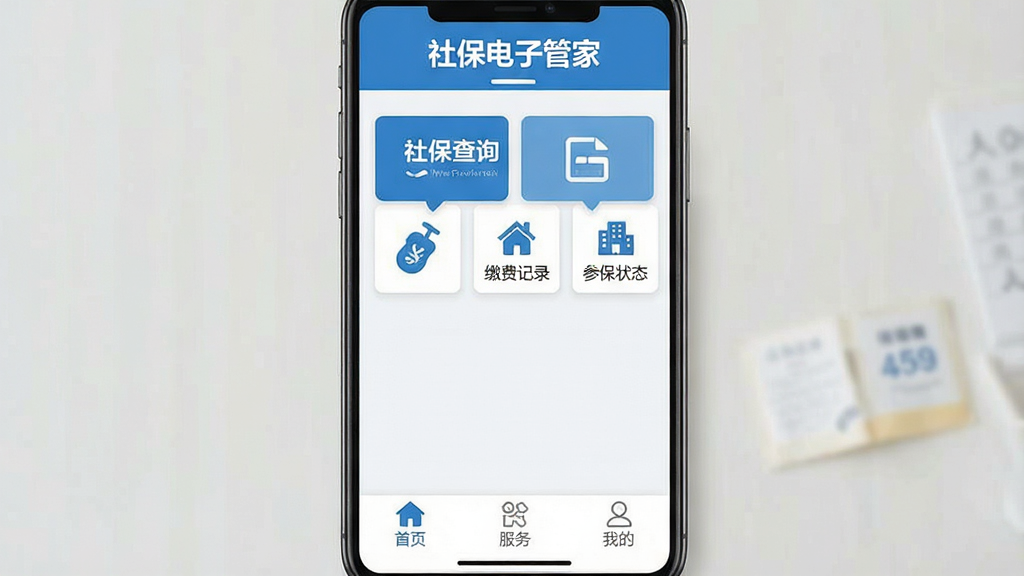 一张手机屏幕展示社保电子管家应用主界面,界面顶部显示“社保电子管家”应用名称,中间是社保查询、缴费记录、参保状态三个功能卡片,底部是首页、服务、我的三个导航标签,蓝白配色,扁平化设计风格,画面干净整洁,细节清晰,无多余元素,画质高清
