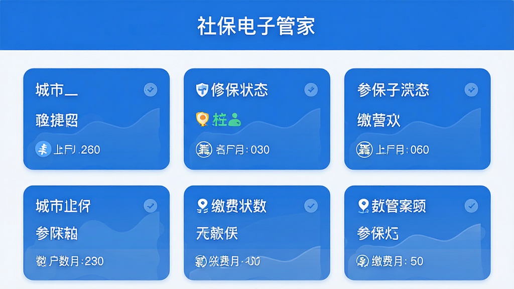 社保电子管家应用内多城市参保信息聚合页面,页面顶部显示“社保电子管家”应用名称,中间用卡片形式展示不同城市的参保信息,每个卡片包含城市名称、参保状态、缴费月数等,卡片排列整齐,蓝白配色,风格现代扁平,画面干净,画质高清,无多余元素