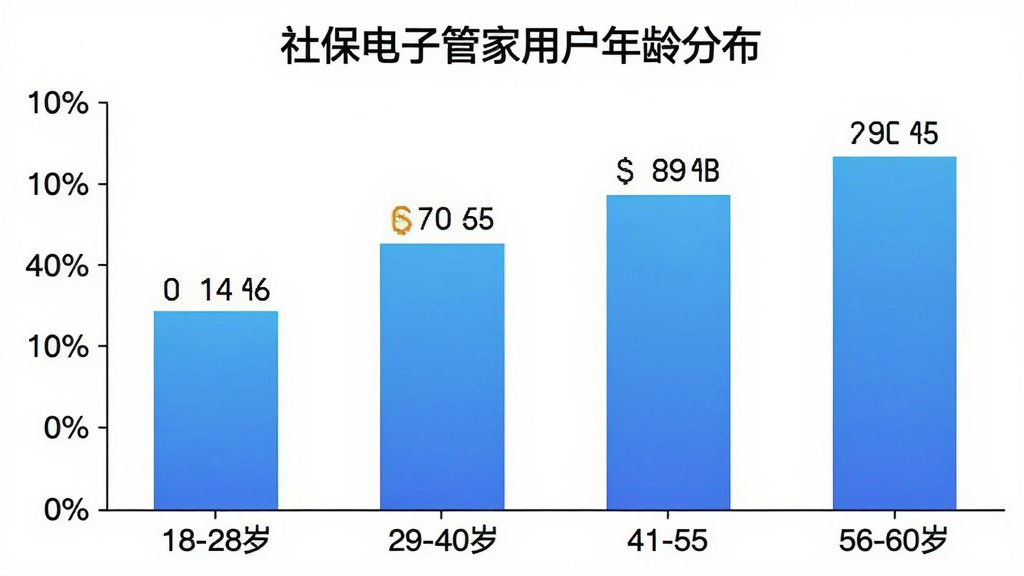 一张柱状图展示社保电子管家用户年龄分布,横轴为年龄段18-28岁、29-40岁、41-55岁、56-60岁,纵轴为用户占比百分比,柱状图颜色为蓝色渐变,图表标题为“社保电子管家用户年龄分布”,画面简洁清晰,数据标注明确,画质高清,无多余元素
