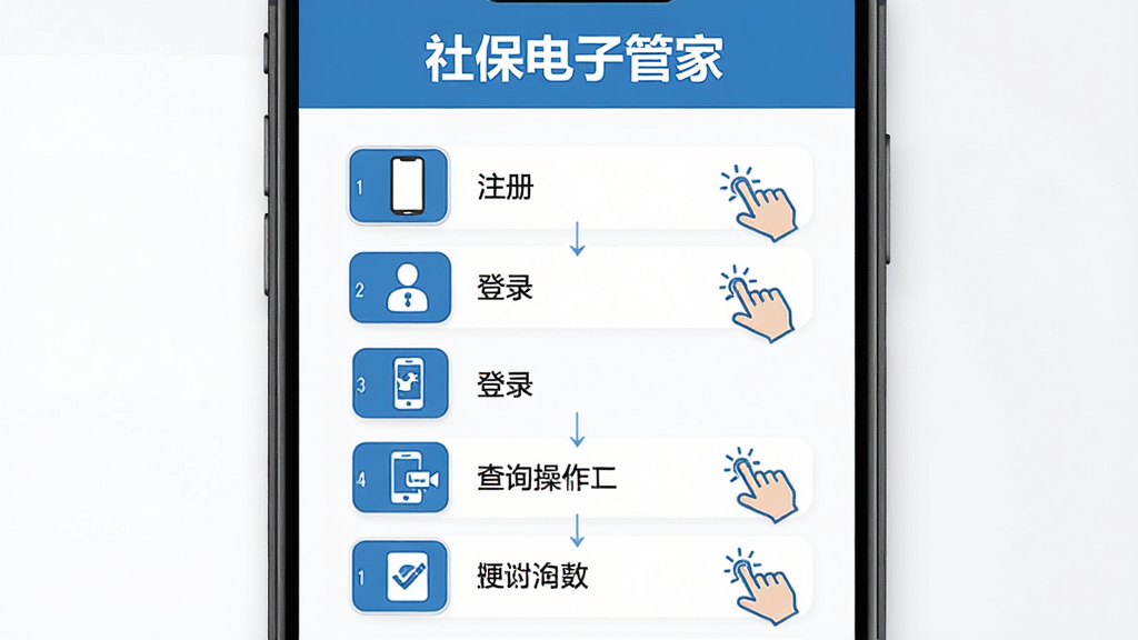 社保电子管家应用内使用指南页面,页面顶部显示“社保电子管家”字样,中间以步骤列表形式展示注册、登录、查询等操作指引,配有手机和手指点击图标,蓝白配色,界面简洁清晰,画质高清,无多余元素