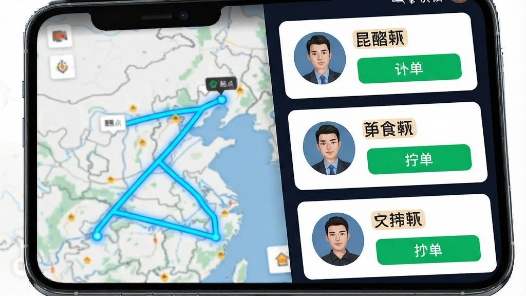 一张展示“昆仑智运-货主”APP智能匹配功能的界面截图,主体是手机屏幕特写,布局左侧显示发货起点终点地图连线,右侧弹出多个司机头像与车牌号卡片,排版采用左右分栏设计,风格为科技感数据可视化,细节上路线用亮蓝色高亮、司机卡片带绿色接单按钮,画质高清干净,无多余元素。
