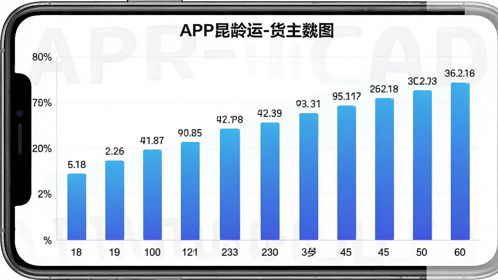 一张展示“昆仑智运-货主”APP用户年龄分布柱状图,主体为柱状图表,布局横轴为年龄段18-60岁,纵轴为用户占比百分比,排版简洁明了,风格为商务数据报告风,细节上柱子颜色为渐变蓝色、数据标签清晰可见,画质干净,无多余元素。