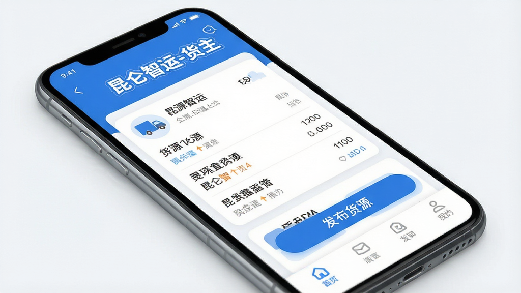 一张展示“昆仑智运-货主”APP核心界面的手机样机图,主体为一部现代智能手机,屏幕显示APP首页,布局顶部是醒目的“昆仑智运-货主”文字标识,中间是货源列表卡片和发布货源按钮,底部是导航栏,排版简洁清晰,风格为现代扁平化商务风,细节上图标圆润、色彩以蓝白为主,画质清晰干净,无多余元素。