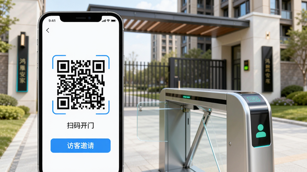 一张展示鸿雁安家APP门禁功能的手机界面图,画面中一部手机正对着小区门禁闸机,手机屏幕上显示一个醒目的二维码,旁边有“扫码开门”和“访客邀请”的文字按钮,背景是现代化的社区大门,光线明亮,风格简洁科技感,画质干净,无多余元素