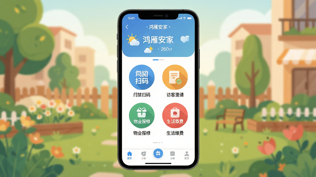 一张展示鸿雁安家APP首页的手机界面图,画面中央是手机屏幕,屏幕内显示鸿雁安家的主界面,顶部有天气和小区名称,中间有门禁扫码、访客邀请、物业报修、生活缴费等彩色圆形图标,底部有导航栏,背景是温馨的社区花园场景,风格现代扁平,细节圆润,画质干净清晰,无多余元素
