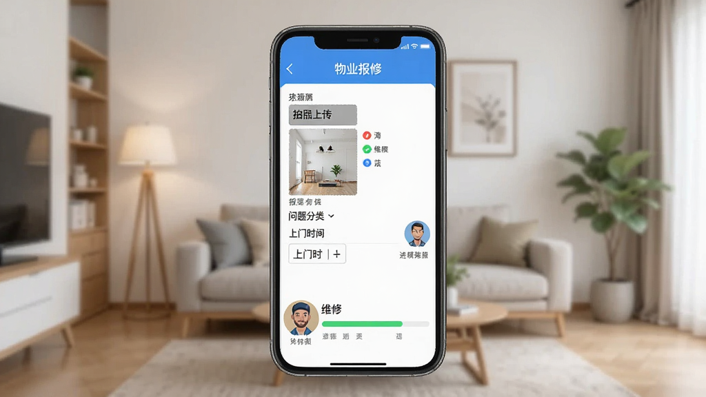 一张展示鸿雁安家APP报修流程的手机界面图,手机屏幕内显示“物业报修”表单,有拍照上传区域、问题分类下拉菜单、上门时间选择器,旁边有维修师傅头像和进度条,背景是居家环境,风格清晰实用,画质干净,无多余元素