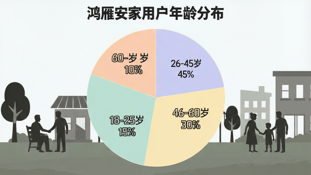 一张展示鸿雁安家用户年龄分布的饼状图,画面中央是一个圆形饼图,分为四个扇形区域,分别标注“26-45岁 45%”、“46-60岁 30%”、“18-25岁 15%”、“60岁以上 10%”,饼图颜色柔和,背景是简洁的社区生活场景剪影,风格清晰直观,画质干净,无多余元素