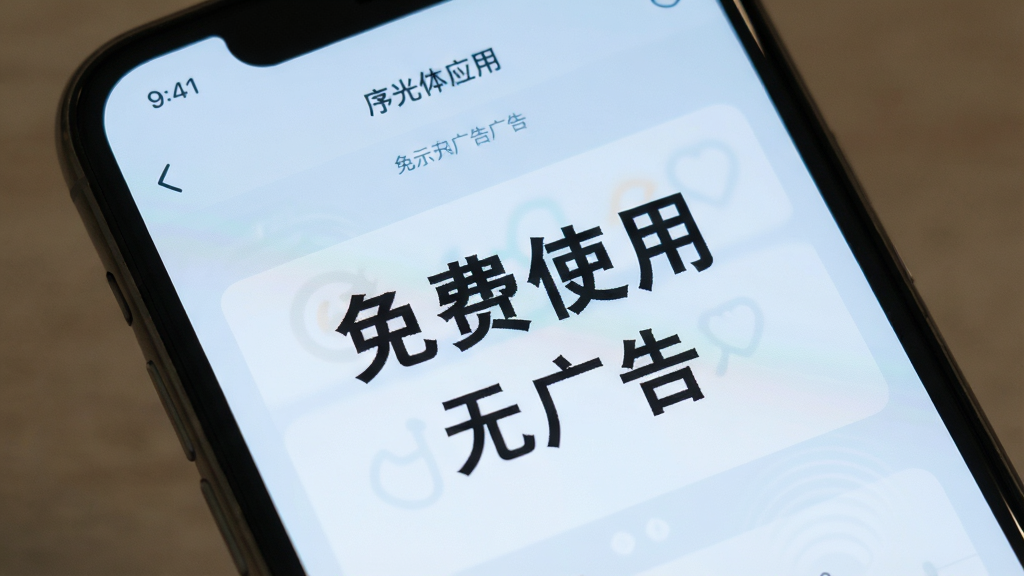 序光体应用内展示免费无广告的标识,手机屏幕上是设置页面,清晰标注着“免费使用”和“无广告”字样,背景为淡蓝色,风格简洁明快,画质清晰,无多余元素