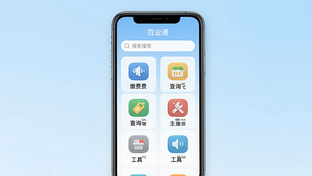 一张手机应用界面展示图,画面中央是“百业通”APP的主页,背景是干净整洁的浅蓝色渐变,顶部有搜索框,中间是各种生活服务分类图标如缴费、查询、工具等,整体布局清晰,风格现代扁平,画质干净无多余元素