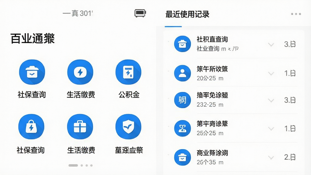 一张手机应用界面截图,展示“百业通”APP的功能聚合页面,左侧是常用服务快捷图标如社保查询、生活缴费、公积金等,右侧是最近使用记录列表,背景为纯白色,图标为蓝色系,风格简洁现代,画质清晰干净