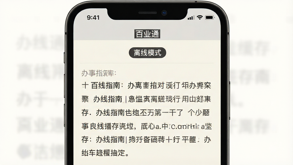 一张手机应用界面截图,展示“百业通”APP的离线缓存页面,页面顶部显示“离线模式”标签,内容为办事指南文字步骤,背景为米白色,文字为深灰色,风格简洁,画质干净无多余元素