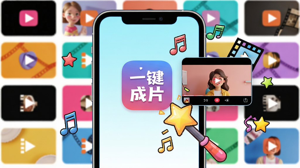 手机屏幕中央显示“一键成片”App的图标和名称,界面背景是五颜六色的视频模板缩略图排列成网格状,前景有一个卡通风格的魔法棒点击手机屏幕,屏幕中弹出完成的视频预览画面,周围点缀着音符、胶片、星星等元素,整体风格活泼明快,色彩鲜艳,画质清晰干净,无多余杂乱元素