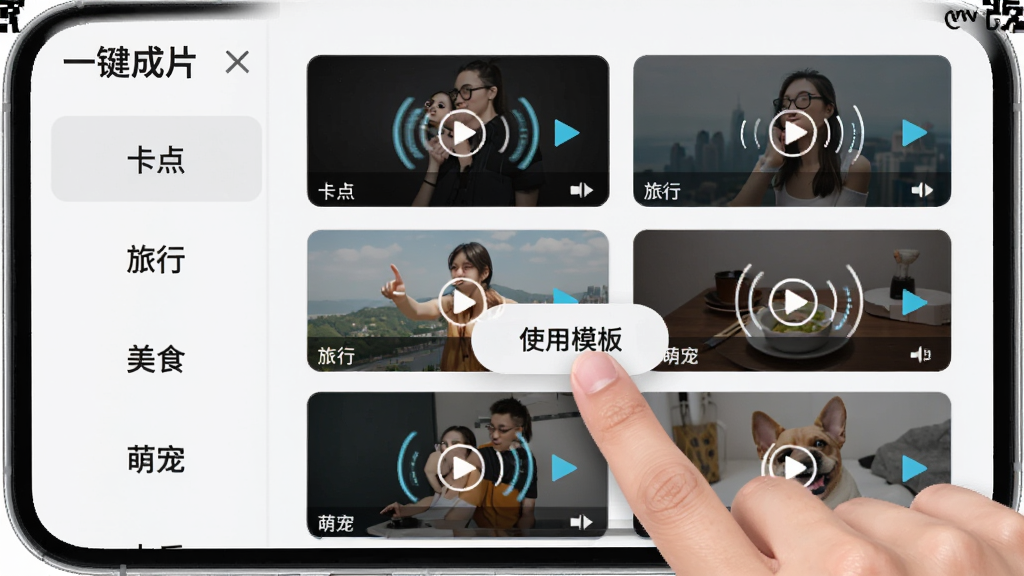 手机界面展示“一键成片”模板库,左侧是分类标签栏写着“卡点”“旅行”“美食”“萌宠”,右侧是竖排的视频模板预览卡片,每张卡片上都有动态效果示意,画面中间有一只手正在点击“使用模板”按钮,整体布局清晰,风格现代扁平,画质干净无多余元素