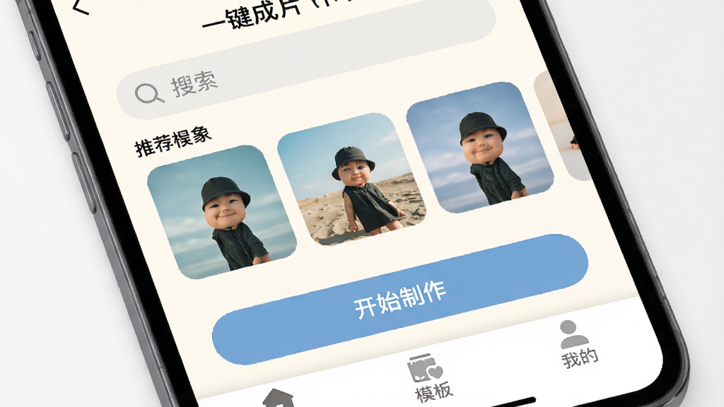 手机屏幕展示“一键成片”主界面,底部导航栏有“首页”“模板”“我的”三个图标,首页上方是搜索框,中间是推荐模板的横向滑动卡片,下方是“开始制作”的大按钮,界面以浅色背景为主,图标圆润,风格清新,画质干净,无多余元素