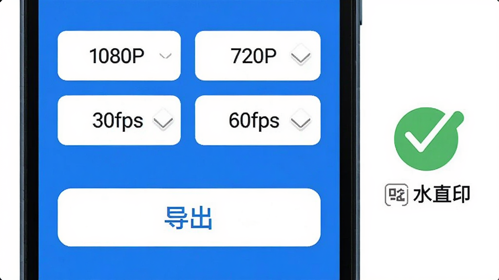 手机屏幕显示导出设置界面,上面有分辨率选项“1080P”“720P”和帧率选项“30fps”“60fps”,下方有一个醒目的“导出”按钮,屏幕旁边有一个打勾的图标表示无水印,整体界面干净清爽,以蓝白配色为主,风格简约,画质清晰,无多余元素