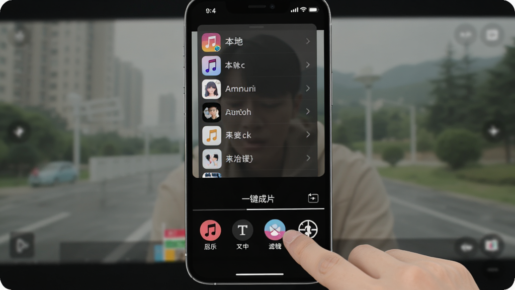 手机屏幕显示“一键成片”编辑界面,下方有音乐、文字、滤镜、比例等功能图标,一只手正在点击音乐图标,屏幕上方弹出本地音乐列表,背景是正在编辑的视频画面,整体布局清晰,风格现代扁平,画质干净,无多余元素