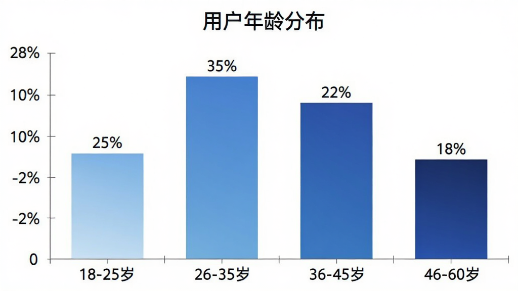 柱状图展示“一键成片”用户年龄分布,横轴为年龄段“18-25岁”“26-35岁”“36-45岁”“46-60岁”,纵轴为百分比,柱状图颜色从浅蓝到深蓝渐变,每个柱子上方标注具体数值“25%”“35%”“22%”“18%”,图表标题为“用户年龄分布”,背景干净,风格简洁,画质清晰,无多余元素
