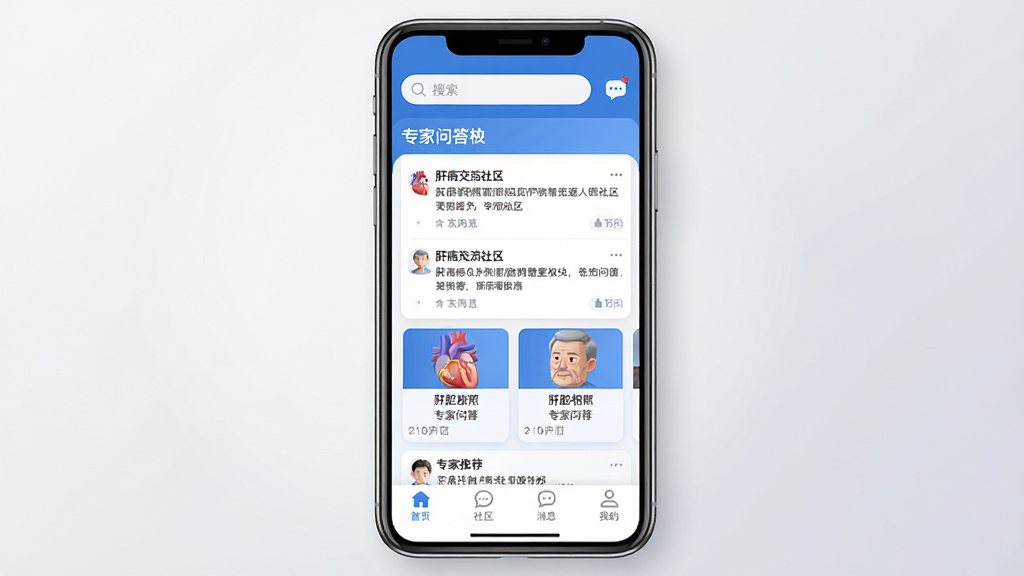 肝胆相照专家版软件主界面展示,手机屏幕居中放置,屏幕内显示肝病交流社区和专家问答板块,界面以蓝白色调为主,顶部有搜索框和消息图标,中间是帖子列表和专家推荐卡片,底部为首页、社区、消息、我的四个导航标签,背景为浅灰色渐变,风格简洁现代,细节圆润,画质清晰干净,无多余元素