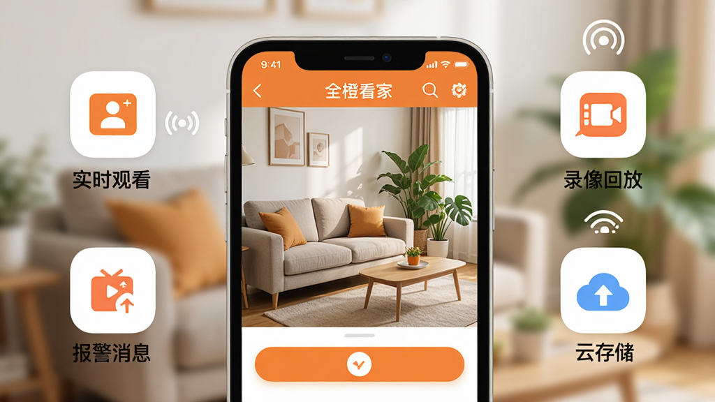 һ��չʾȫ�ȿ���APP����ȫò������ͼ������������һ�������ֻ����ֻ���Ļ����ʾ��ȫ�ȿ���APP��ʵʱ��ػ��棬��������һ����ܰ�Ŀ�������ɳ������ֲ���ֻ���Χ�����ż�������ͼ�꣬�ֱ����ʵʱ�ۿ���¼��طš�������Ϣ���ƴ洢�����岼���������Ű���У�������ִ���ϸ�����ֻ��߿�Բ��APP���水ť�����ɼ������ʸɾ��������޶���Ԫ��
