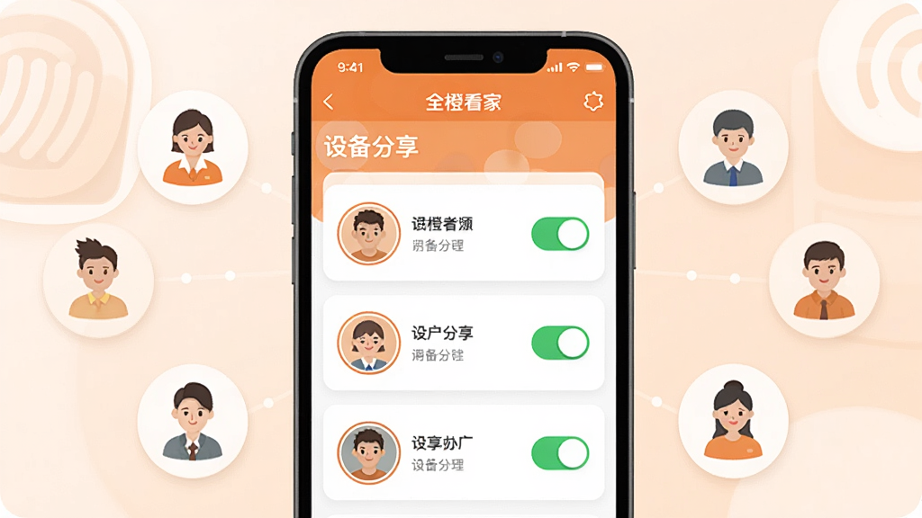 һ��չʾȫ�ȿ���APP�豸��������û��������ܵĽ���ͼ������������һ���ֻ�����Ļ��ʾȫ�ȿ���APP���豸����ҳ�棬ҳ�����ж���û�ͷ��Ͷ�Ӧ��Ȩ�޿��ذ�ť���ֻ���ΧƯ���ż���С��ͼ�꣬��ʾ���û����ӣ�����Ϊ���жԳƣ����Ϊ�Ѻ���ܰ�ı�ƽ��ƣ�ϸ����ͷ����Բ�α߿򣬿�������ɫ���������ʸɾ����޶���Ԫ��