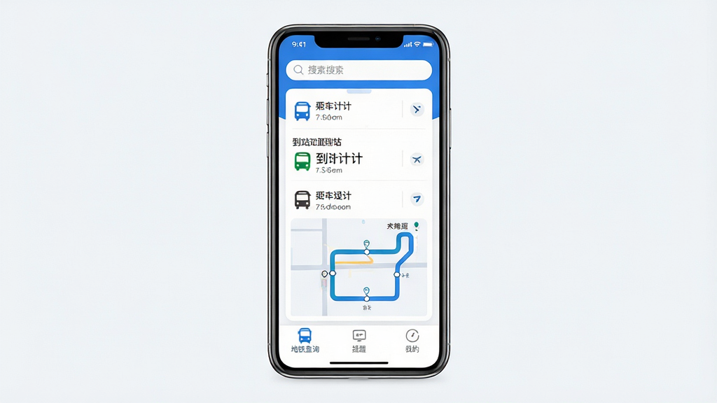 一张干净简洁的公交乘车地铁通APP主界面展示图,手机屏幕居中摆放,屏幕内显示公交乘车地铁通的实时公交查询页面,顶部有搜索框,中间显示两条公交线路的到站倒计时和路线图,底部有地铁查询、提醒、我的三个选项卡,整体布局清晰,蓝白配色为主,风格现代扁平,图标圆润,画质干净,无多余元素。