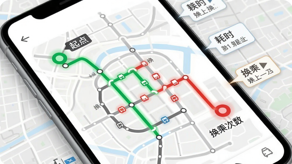 一张展示公交乘车地铁通地铁路线规划功能的示意图,手机屏幕显示地铁线路图,起点和终点用绿色和红色标记,中间用高亮线条标出推荐换乘路线,旁边有耗时和换乘次数的小标签,背景是浅灰色城市地图纹理,整体风格简洁现代,画质清晰,无杂乱元素。