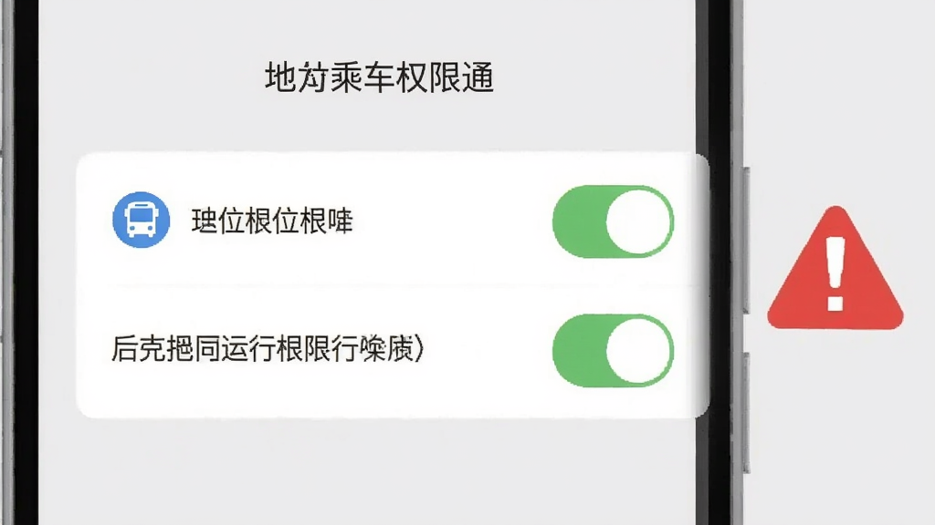 一张手机屏幕显示公交乘车地铁通权限设置界面的示意图,屏幕内展示定位权限和后台运行权限的开关选项,旁边有一个红色感叹号提示图标,背景是浅灰色,整体风格简洁直观,画质清晰,无多余元素。