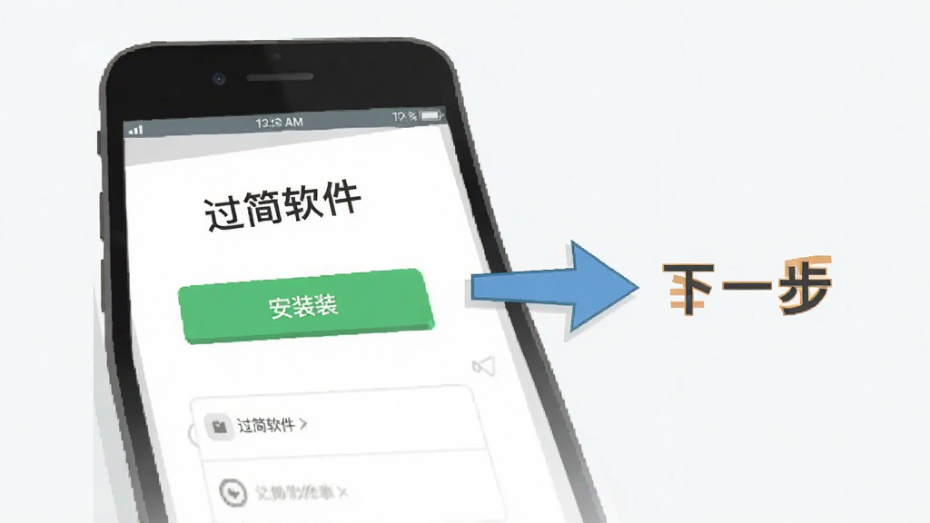过简软件安装步骤示意图,画面展示手机屏幕上显示安装界面,有“过简软件”名称和安装按钮,旁边有箭头指示下一步操作,背景简洁,风格扁平化,画质清晰干净,无多余元素
