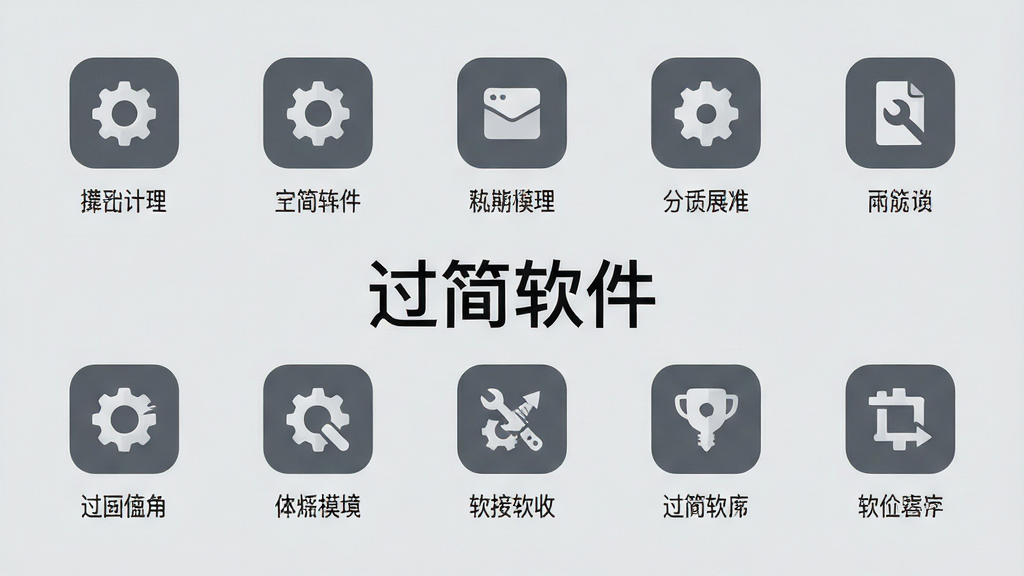 过简软件功能模块展示图,画面中清晰呈现多个实用工具图标整齐排列,每个图标下方有中文标签,背景为纯色浅灰,风格统一简约,画质干净无多余元素,图片中央带有“过简软件”文字标识