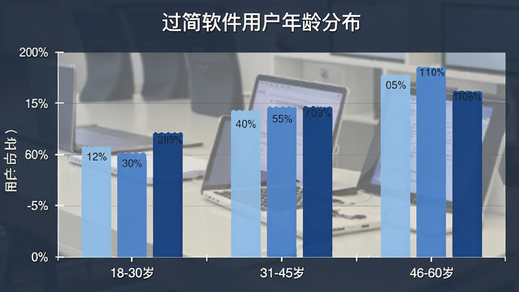 过简软件用户年龄分布柱状图,横轴为年龄段18-30岁、31-45岁、46-60岁,纵轴为用户占比,柱体颜色分别为浅蓝、中蓝、深蓝,图表顶部有“过简软件用户年龄分布”标题,风格简洁商务,画质清晰干净