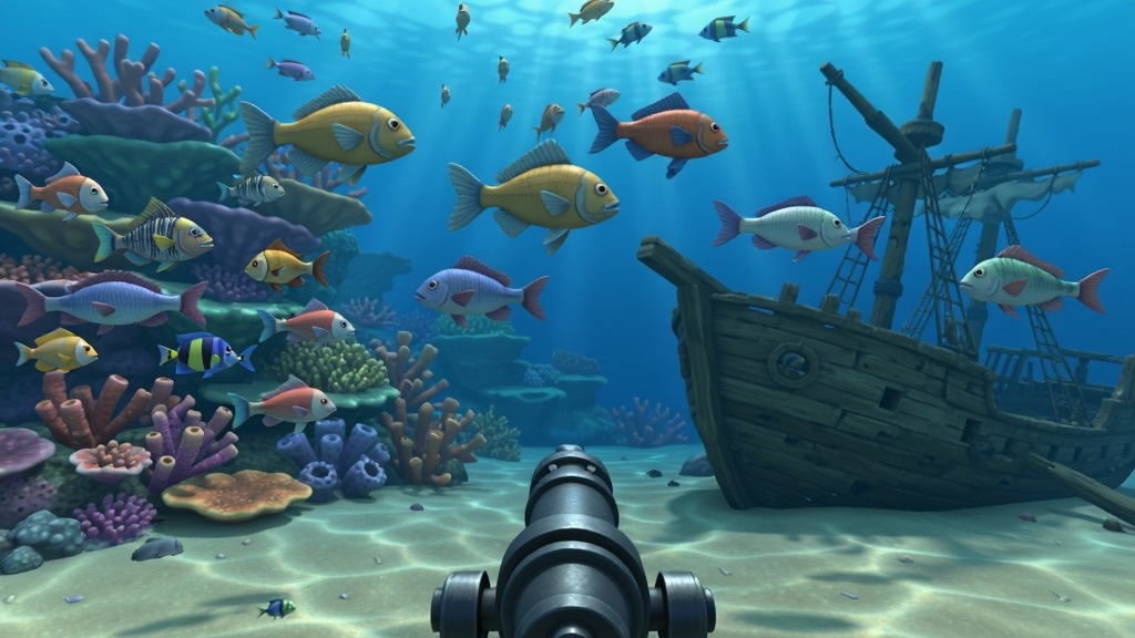 捕鱼大世界3D海底场景展示,珊瑚礁和沉船遗迹背景,多条立体鱼模型游动,炮台在画面下方,光影层次分明,画面干净整洁
