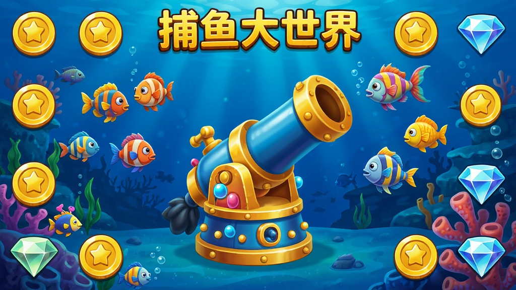 捕鱼大世界游戏主界面,深蓝色海底背景,中央是华丽的炮台和游动的鱼群,金币和钻石图标点缀,整体风格明亮卡通,画质清晰干净,无多余元素