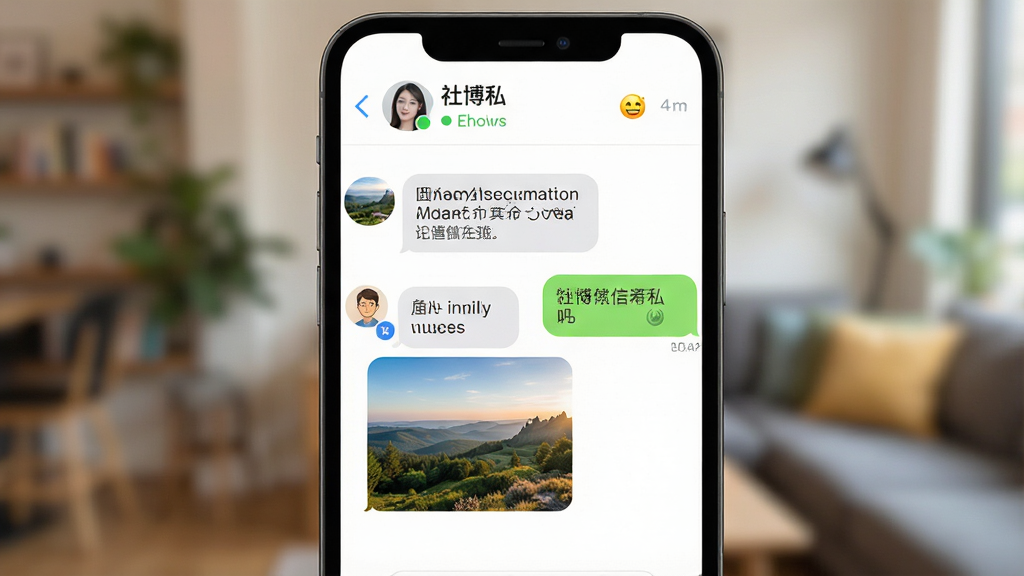 һ��չʾ�粩˽���뼴ʱ��������ͼƬ��������һ���ֻ���Ļ����Ļ����ʾ���粩������Ի�������Ǻ��ѷ�����������Ϣ��һ�ŷ羰��Ƭ���Ҳ����û��ظ������ֺͱ��飬������ʾ�����ǳƺ�����״̬������Ϊ�ֻ�����չʾ������Ϊģ�������ڻ�������������죬ϸ������������Բ�󣬱���ͼ�������������������޶���Ԫ�ء�