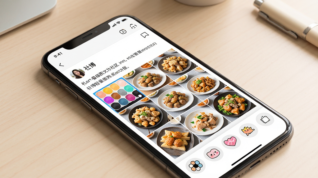 һ��չʾ�粩������ͼ���������ܵ�ͼƬ��������һ���ֻ���Ļ����Ļ����ʾ���粩��ͼ�Ķ�̬����ҳ�棬���û����ڱ༭һ�����ֲ����ϾŹ�����ʳ��Ƭ���·����˾�����ֽ��ѡ��ͼ�ꡣ����Ϊ�ֻ�������бչʾ������Ϊ�ɾ����������棬�����ܰ�����ϸ�����˾�Ԥ��ͼɫ�����ޣ���ֽͼ���ɰ��������������޶���Ԫ�ء�
