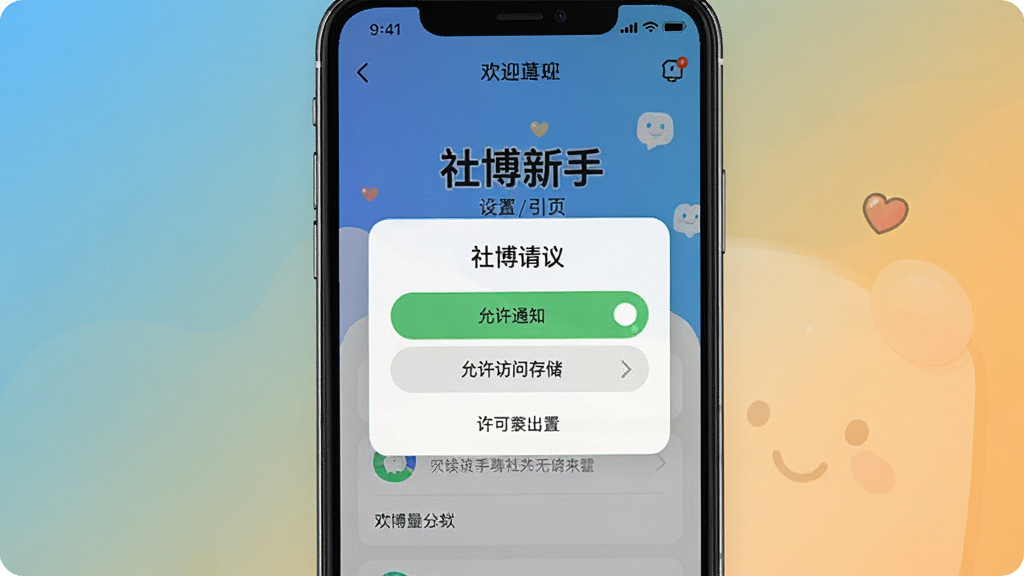 һ��չʾ�粩������������ҳ���ͼƬ��������һ���ֻ���Ļ����Ļ����ʾ���粩��Ȩ�����󵯴����С�����֪ͨ�������������ʴ洢����ѡ�������APP�Ļ�ӭ���档����Ϊ�ֻ�����չʾ������Ϊ��ɫ���䣬����Ѻ����У�ϸ���ϰ�ť�и�����ʾ������˵�����������ʸɾ����޶���Ԫ�ء�