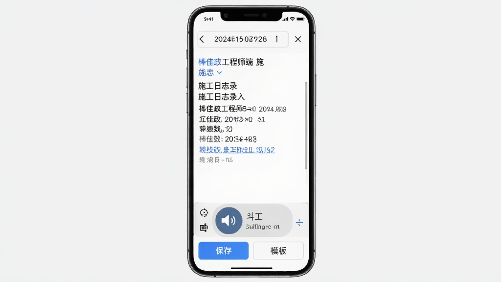 棒佳政工程师端 施工日志录入界面 手机屏幕显示语音输入按钮和转文字后的日志内容 顶部有日期选择 底部有保存和模板按钮 背景为白色 风格现代 画质干净 无多余元素