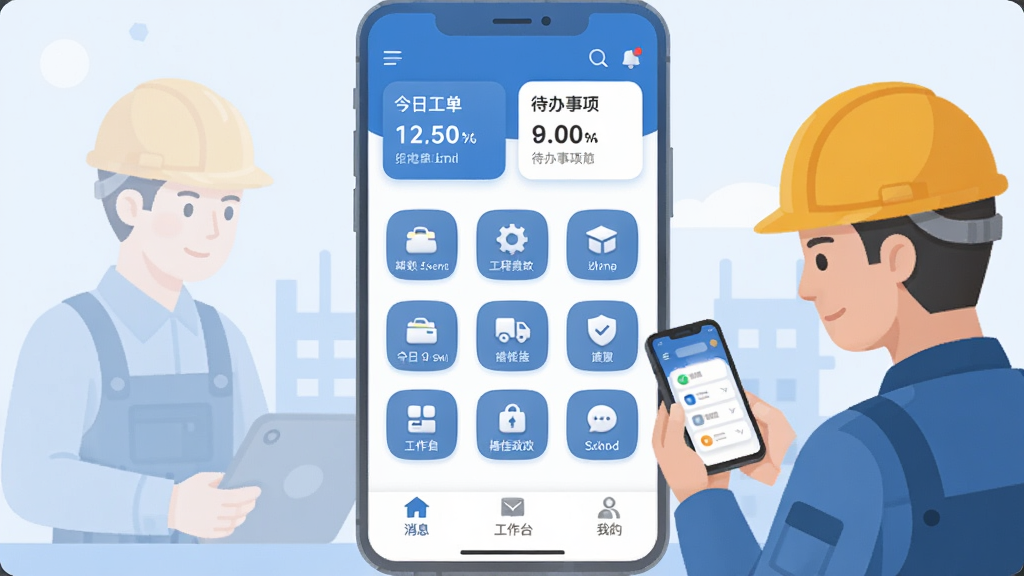 棒佳政工程师端 手机应用主界面 工程蓝主色调 顶部显示今日工单数量和待办事项卡片 中间为功能快捷入口九宫格 底部为消息 工作台 我的三个选项卡 画面中有工程师戴安全帽查看手机的场景 扁平化设计风格 布局清晰 图标圆润 画质干净 无多余元素